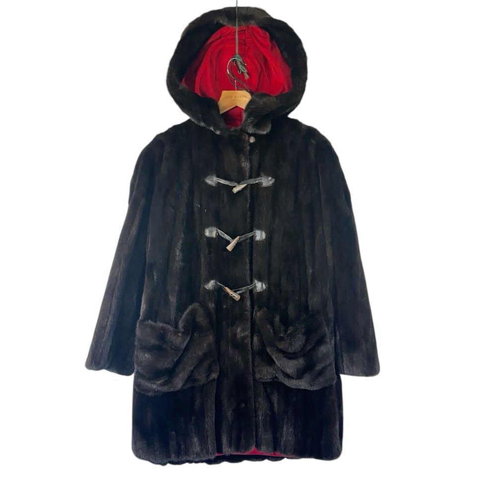 Vtg 1988 Maximilian Mink Fur Duffle Coat Brown Hood Toggle Closures Lined READ
